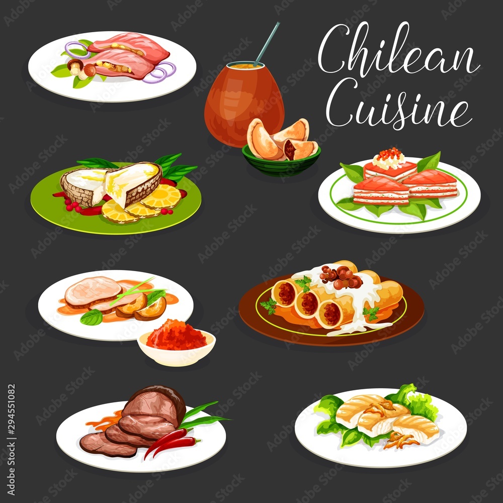 Chilean dishes of fish and meat with vegetables Chilean dishes of fish and meat with vegetables