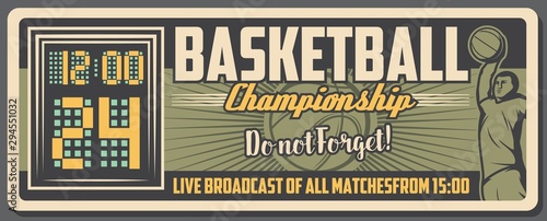 Basketball sport ball, player and court scoreboard