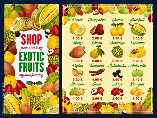 Exotic fruits and tropical berries with prices