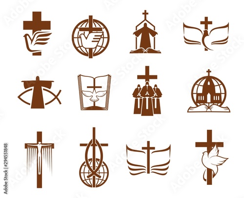 Cross, Bible, dove and priest, religion icons