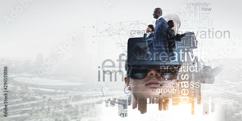 Abstract image of virtual reality experience, a man in VR glasses