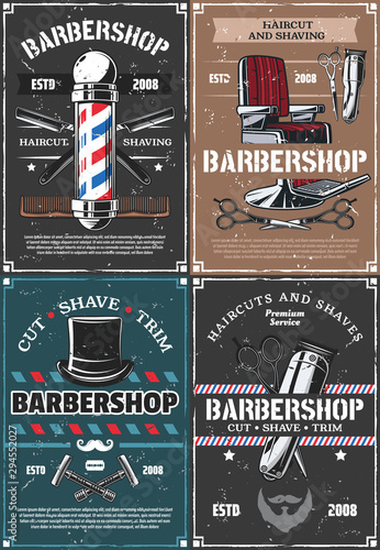 Barbershop pole, chair, razor, scissors and brush