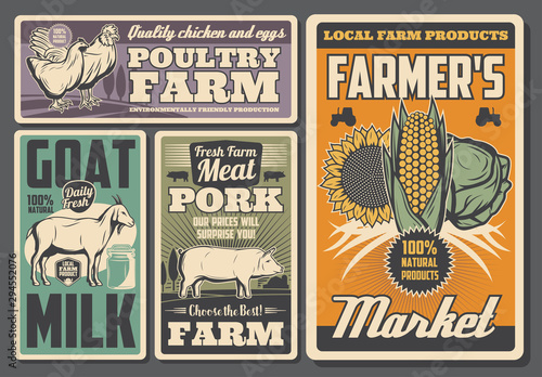 Farm chicken, rooster and pig, goat and vegetables
