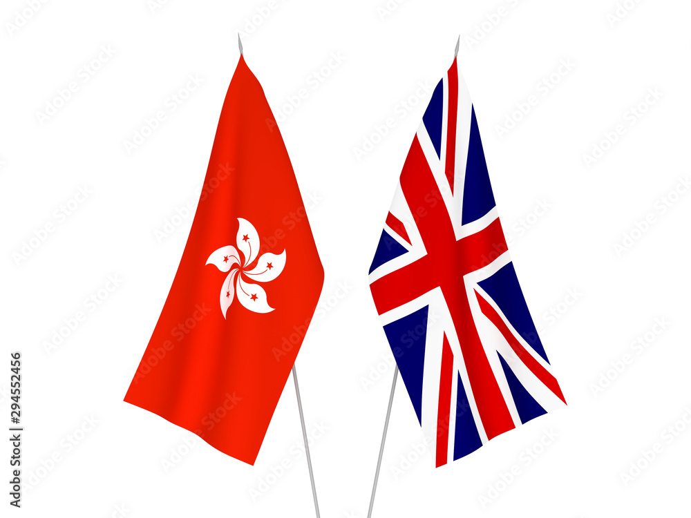 National fabric flags of Great Britain and Hong Kong isolated on white background. 3d rendering illustration.