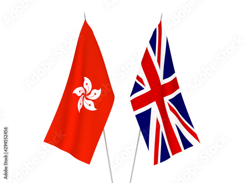 National fabric flags of Great Britain and Hong Kong isolated on white background. 3d rendering illustration.