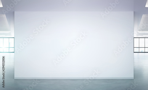 Fototapeta Naklejka Na Ścianę i Meble -  Blank wall in bright office mockup with large windows and sun passing through 3D rendering