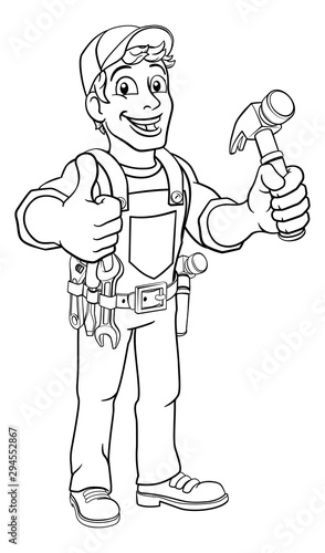 A handyman carpenter or builder cartoon man holding a hammer. Construction maintenance worker or DIY character mascot. Giving a thumbs up.