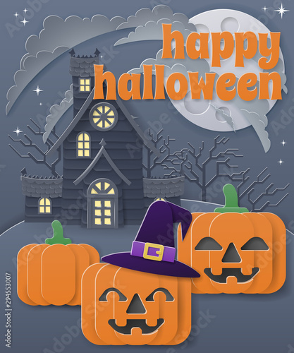 A Happy Halloween background or party invite with a Haunted House and carved Jack O Lantern pumpkins