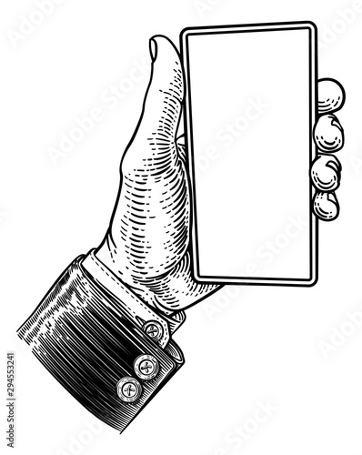 A hand holding a mobile phone in a business suit in a vintage old woodcut etching style
