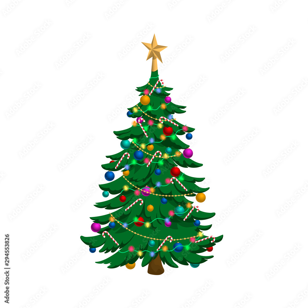 Isolated image of christmas tree. Holiday fir in cartoon style. Isometric view of pine with star. Symbol of New Year