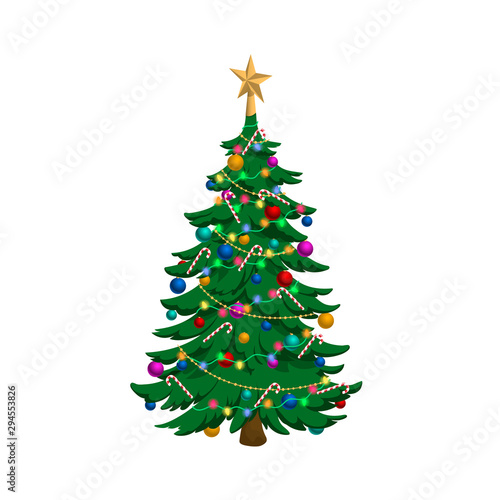Isolated image of christmas tree. Holiday fir in cartoon style. Isometric view of pine with star. Symbol of New Year