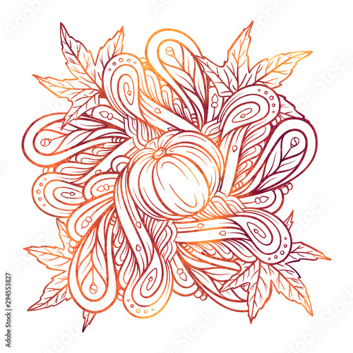 Colorful autumn ornament. Pumpkins, maple leaves and autumn floral square motif.