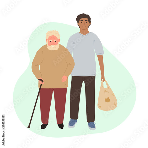 Volunteer helping older grey haired man carry products. Social workers taking care about seniors people. Caring for the elderly. Vector illustration