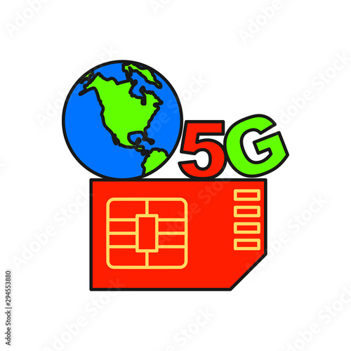 5G SIM Card icon with globe. Flat style. Isolated on white background. 