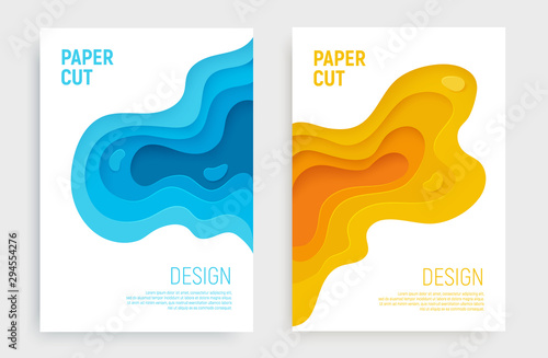 Paper cut banner set with 3D slime abstract background and blue, yellow waves layers. Abstract layout design for brochure and flyer. Paper art vector illustration