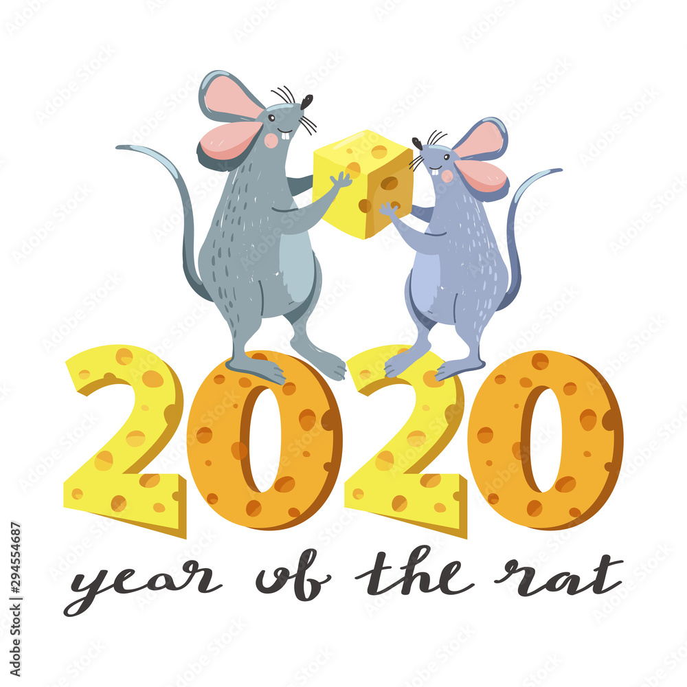 Merry Christmas card. Cheese word. Cute mouse with large piece of cheese and creative lettering. Rat is Chinese symbol 2020 year. Vector illustration on white background. Merry Christmas card. Cheese word. Cute mouse with large piece of cheese and creative lettering. Rat is Chinese symbol 2020 year. Vector illustration on white background.