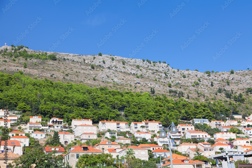 view of houses and mountain of Dubrovnik in Croatia