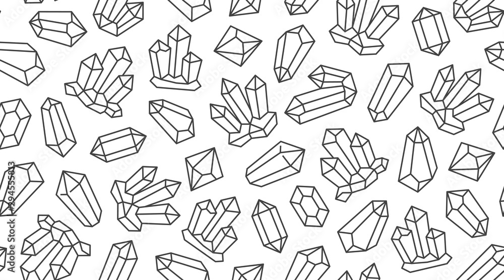 Crystal seamless pattern with line gemstone icons. Geometric mineral on white background with black polygonal stone quartz, diamond for magic jewelry poster design Crystal seamless pattern with line gemstone icons. Geometric mineral on white background with black polygonal stone quartz, diamond for magic jewelry poster design