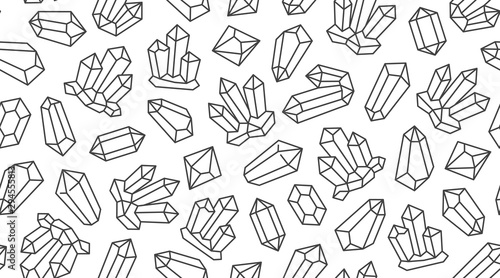 Crystal seamless pattern with line gemstone icons. Geometric mineral on white background with black polygonal stone quartz, diamond for magic jewelry poster design