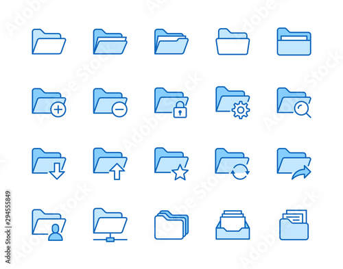 Folders flat line icons set. File catalog, document search, folder synchronization, local network vector illustrations. Outline minimal signs for web site. Pixel perfect 64x64. Editable Strokes