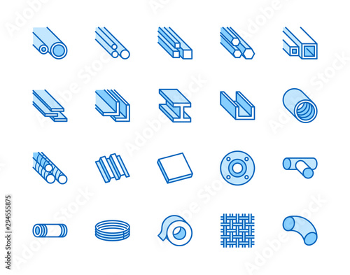 Stainless steel flat line icons set. Metal sheet, coil, strip, pipe, armature vector illustrations. Outline signs for metallurgy products, construction industry. Pixel perfect 64x64. Editable Strokes