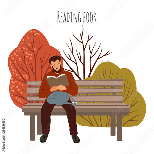 Reading man outdoor sitting on bench with book. Vector flat illustration isolated on white background.