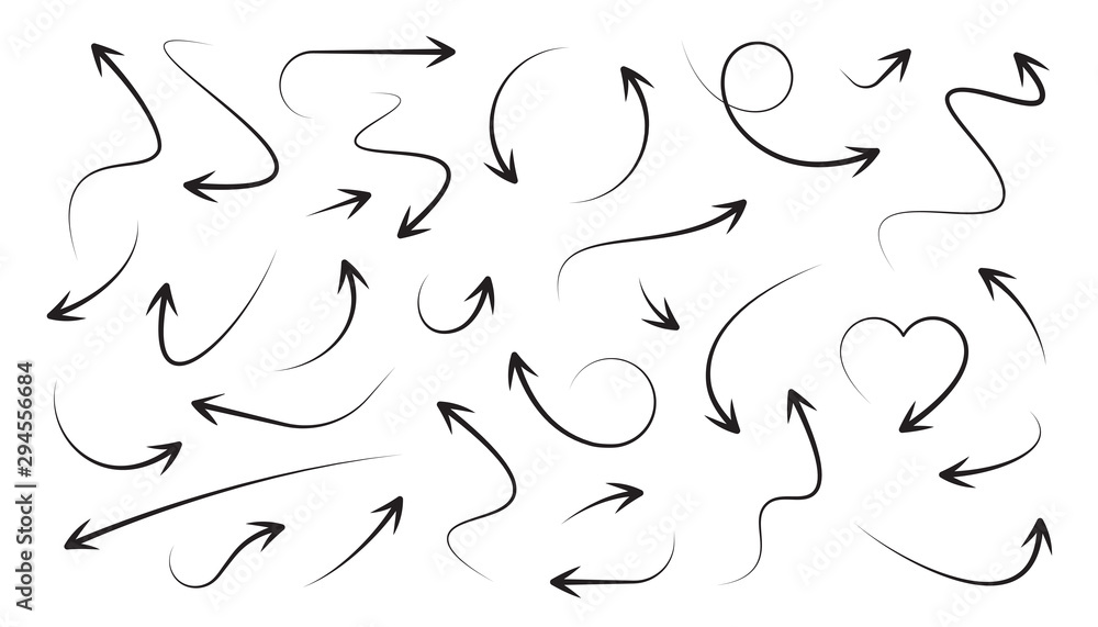 Arrows icons set. Curly, straight and twisted shapes. Different arrows collection. Design direction elements. Navigation arrowheads. Hand drawn sketch icons. Isolated on white background. Vector Arrows icons set. Curly, straight and twisted shapes. Different arrows collection. Design direction elements. Navigation arrowheads. Hand drawn sketch icons. Isolated on white background. Vector