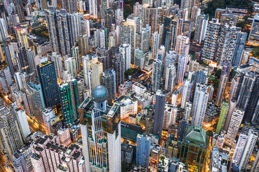 Fototapeta premium Aerial view of Hong Kong overcrowded city