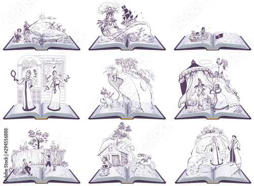 Set open book fairy tale illustration. Set of books to read at school