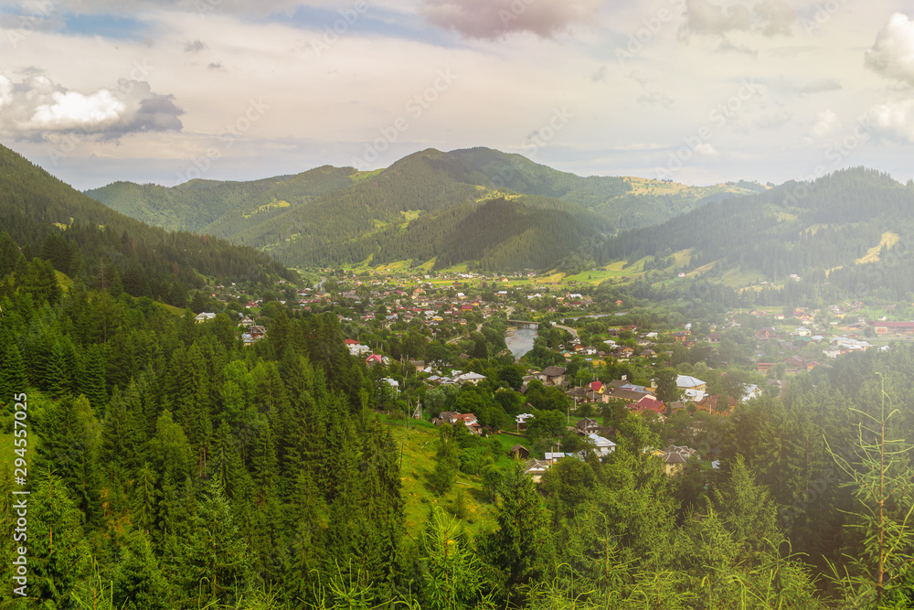 Ukraine, Carpathians. View of the Verkhovyna village from the lookout mountain Shveykova.