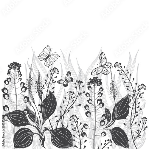 Floral vector background with meadow wildherbs and place for text on white. Invitation  greeting card or an element for your design.