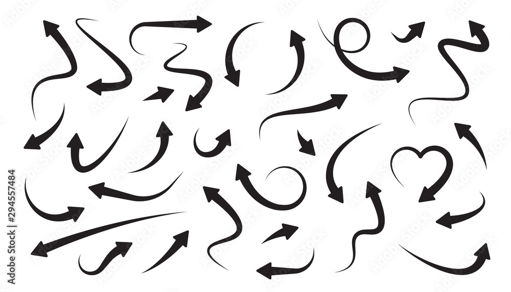 Arrows icons set. Curly, straight and twisted shapes. Different arrows collection. Design direction elements. Navigation arrowheads. Hand drawn icons. Isolated on white background. Vector Arrows icons set. Curly, straight and twisted shapes. Different arrows collection. Design direction elements. Navigation arrowheads. Hand drawn icons. Isolated on white background. Vector