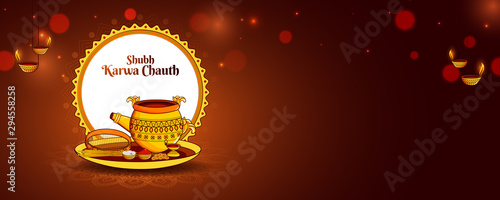 Illustration of realistic puja thali with glossy purple shiny blur background. Website header or banner. space for your text.