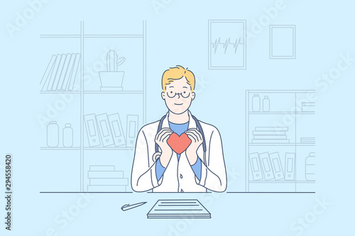 Heart, cardiology, health, medicine concept. Young happy doctor cardiologist, holding a model of the heart in his office clinic. Professor gives a lecture with a smile. Simple flat vector.