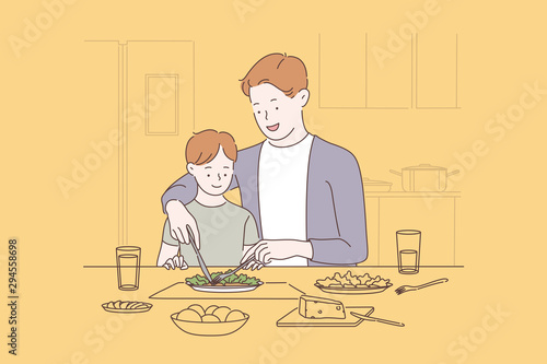Family bonding, happy parenting concept. Father teaching son to use fork and knife, cheerful dad showing child table etiquette, manners with tableware. Simple flat vector