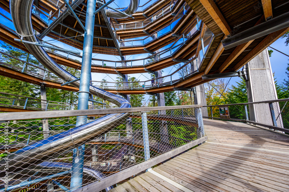 Treetop walk in Black Forest with 40m high Lookout tower with observation deck with beautiful view located at Sommerberg, Bad Wildbad - Travel destination in Germany