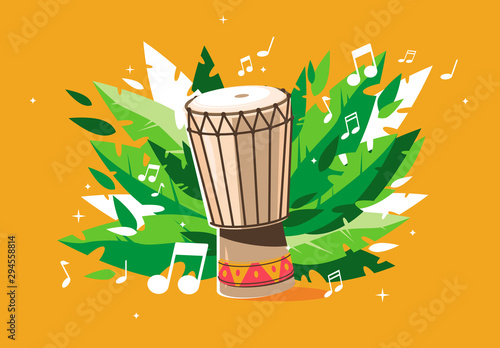 Vector illustration of a national drum with green leaves and musical notes