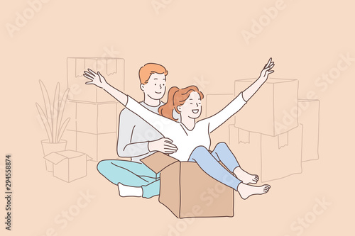 Happy cohabitation, fun relocation concept. Young couple playing with cardboard boxes after buying new apartment, cheerful husband and wife playful mood. Simple flat vector