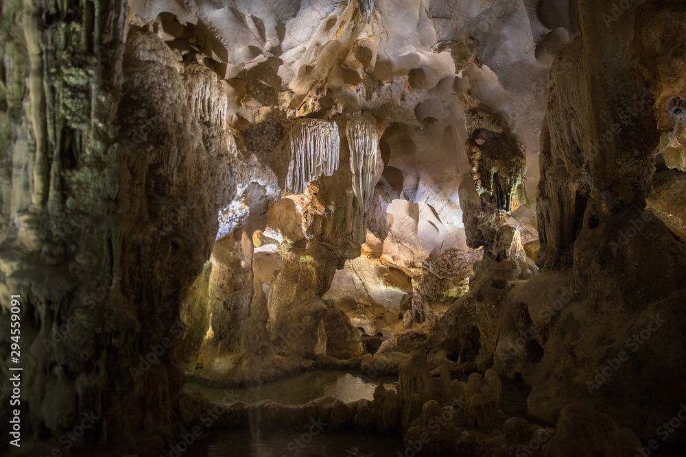 Thien Cung Cave sprawling natural grotto with intricate stalactite & stalagmite formations in Halong Bay Vietnam Indochina