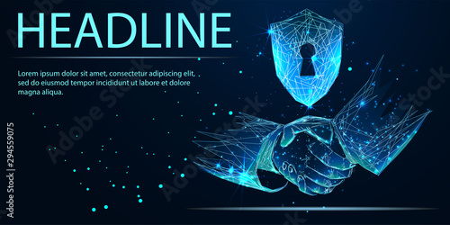Polygonal wireframe handshake abstract blue composition as symbol friendship and business partnership. Vector illustration. Headline