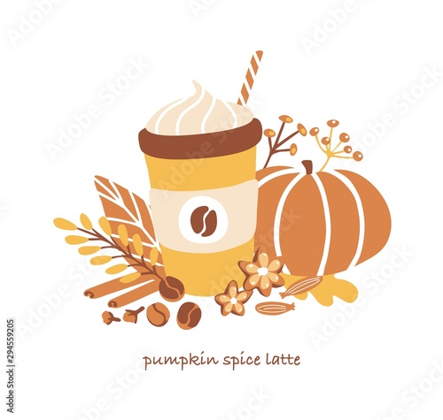 Cute vector illustration Pumpkin spice latte. 