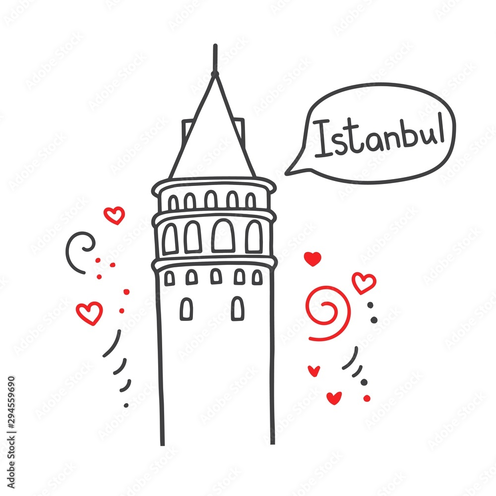 Vector line illustration of a Turkish landmark Galata Tower in Istanbul, Turkey. 