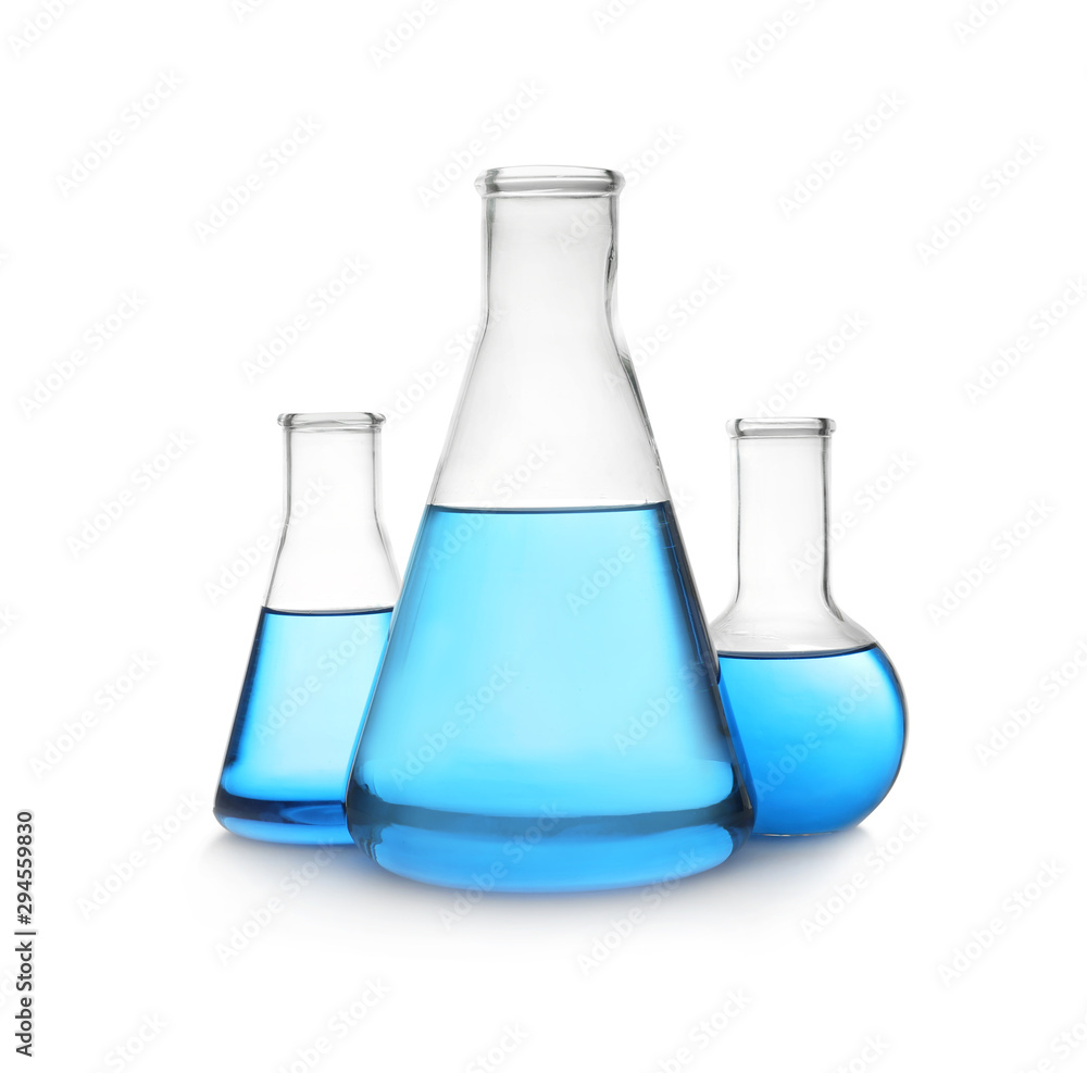 Florence and conical flasks with blue liquid on white background. Laboratory glassware Florence and conical flasks with blue liquid on white background. Laboratory glassware