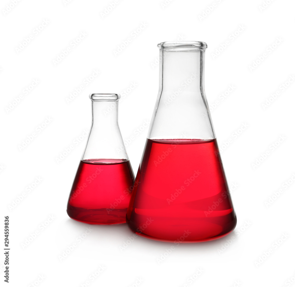 Conical flasks with red liquid on white background. Laboratory glassware Conical flasks with red liquid on white background. Laboratory glassware