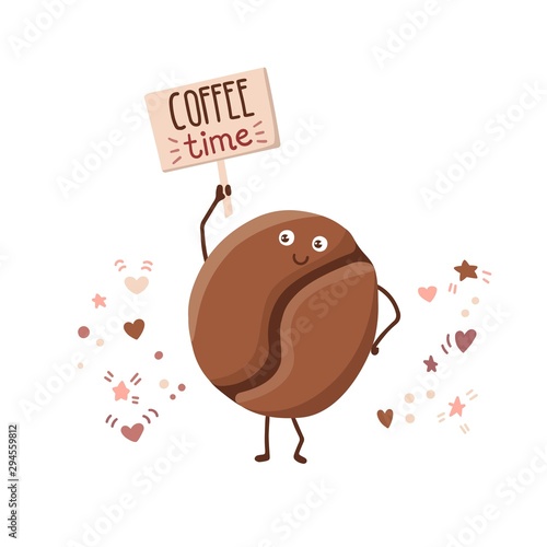 Vector kawaii illustration of a cute coffee bean with a wooden plate and hand written phrase Coffee time. 