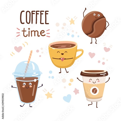 Vector illustration Coffee time. Set of cute characters in kawaii style. 