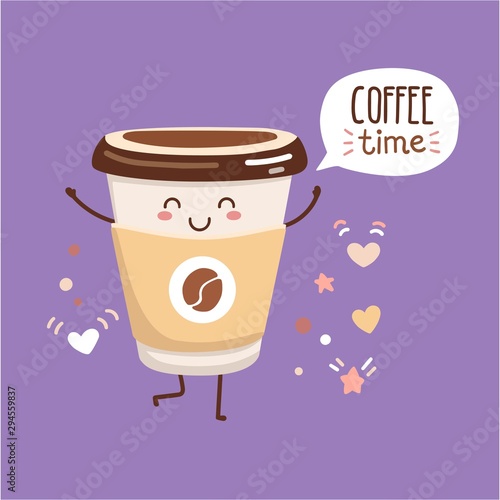 Vector illustration Coffee time with a cute paper cup. Kawaii character with a happy smiling face and doodle hearts  stars  dots around. 