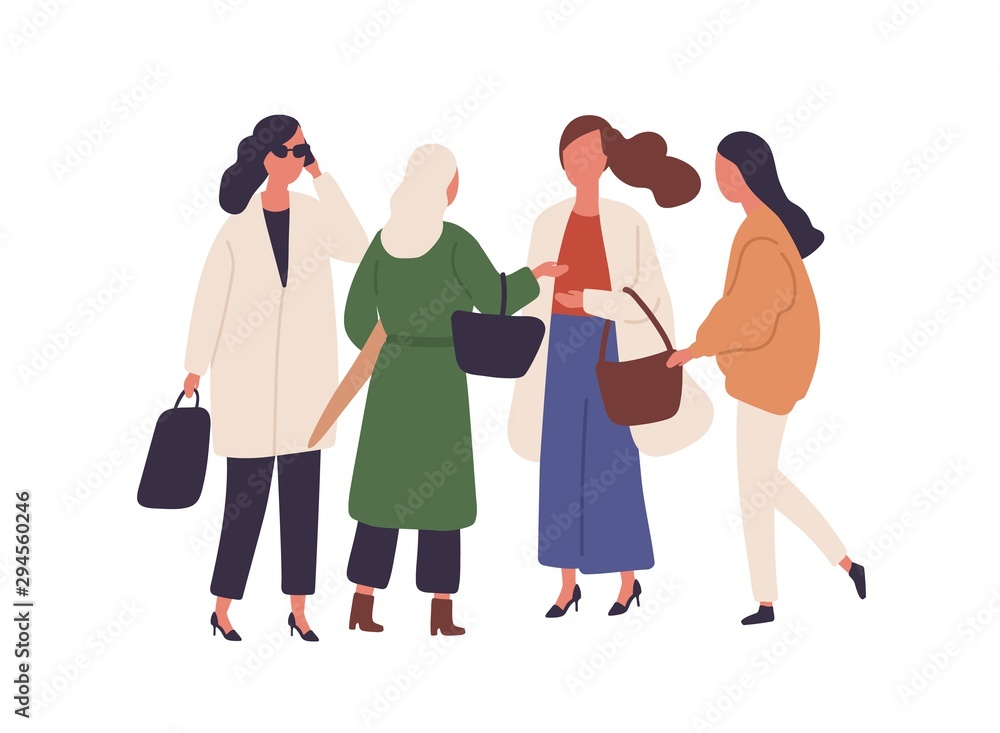 Women in fall season fashionable outfits flat vector illustration. Stylish businesswoman with smartphones and handbags walking together isolated on white. Female characters standing in autumn coats.