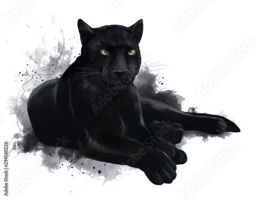 A large black Panther. Watercolor painting photo