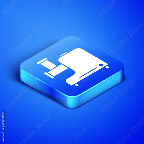 Isometric Kitchen meat grinder icon isolated on blue background. Blue square button. Vector Illustration